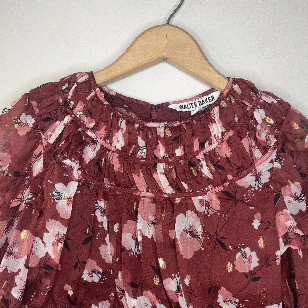 Walter Baker Zuma Blouse In Berry Hibiscus Floral Sz XS Women's flowere shirt - Picture 6 of 12